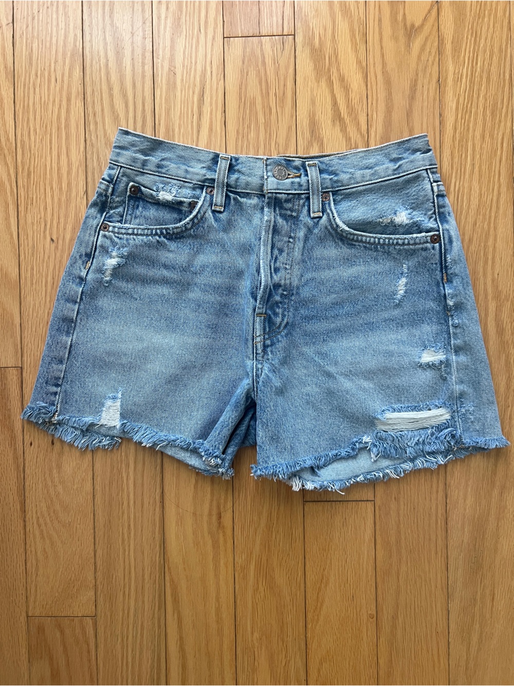 Agolde Light Blue Distressed Denim Cutoff Shorts
